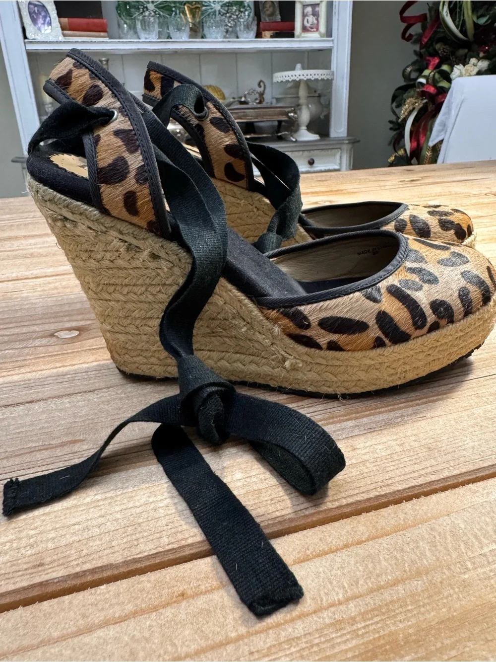 Charles David Leopard Calf Hair Lace-Up Espadrille Wedge Sandals | Size 8